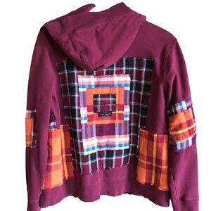 Upcycled Patchwork Hoodie, Magenta Boho Snap Front Jacket, Campus Grunge, Size M